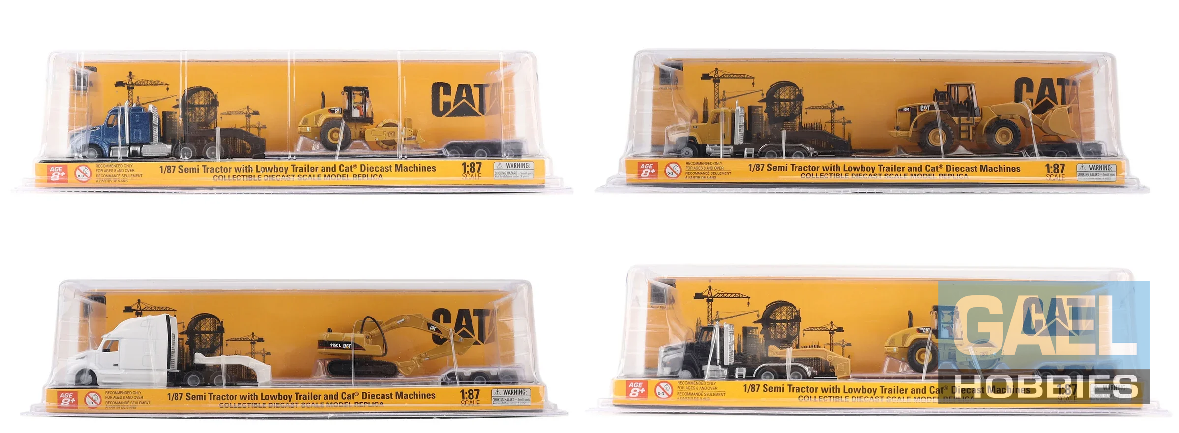 1:87 Cat Semi-Tractor with Lowboy Trailer and Cat Diecast Machines Series II Assortment (Contains 4 Units Each of 84418, 84423, 84424, & 84425) #84411A