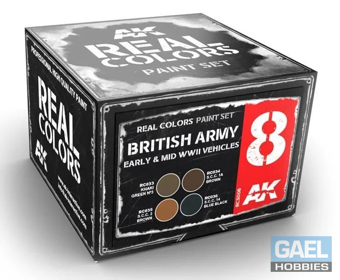 AK REAL COLORS: British Army Early & Mid WWII Vehicles RCS008 Acrylic Lacquer Paint Set (4)x10ml)