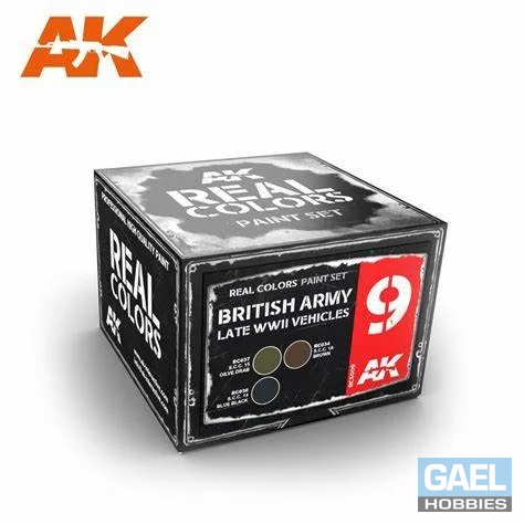 AK REAL COLORS: British Army Late WWII Vehicles RCS009 Acrylic Lacquer Paint Set (3)x10ml)